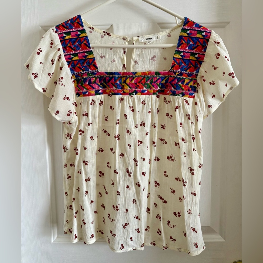 Boho square neckline White and Multicolor embroidered Mine Women's Top